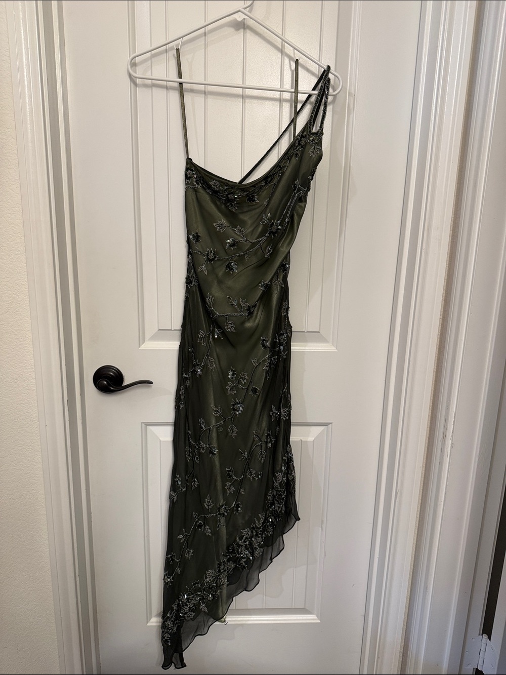 Scala Olive Green Beaded Asymmetrical Slip Dress